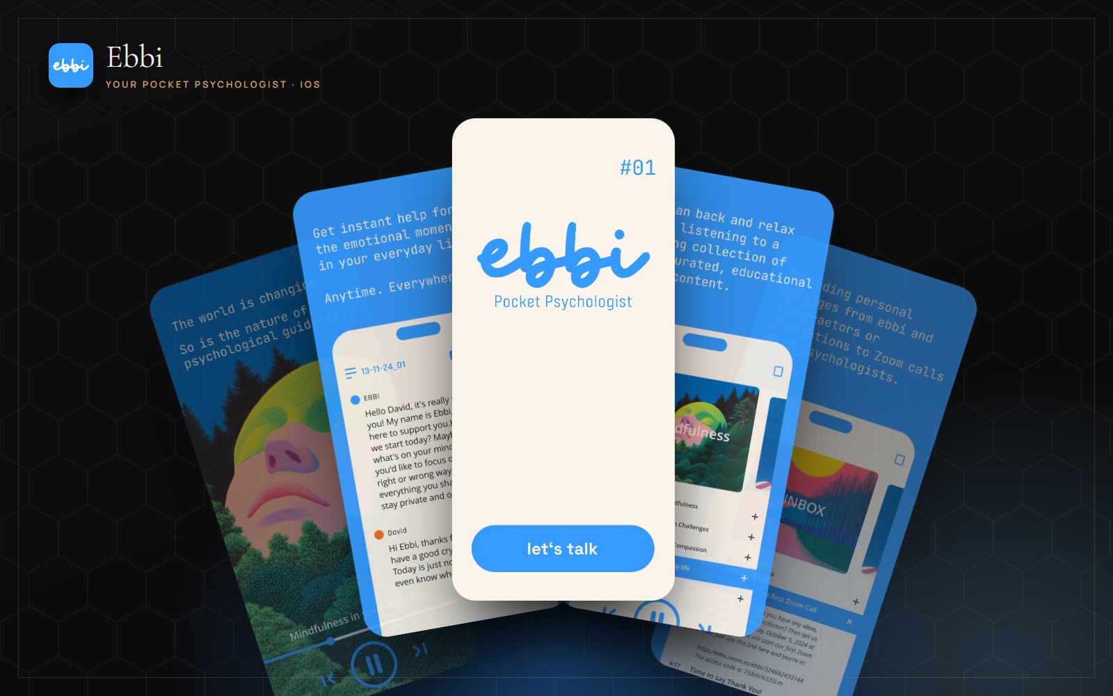 Ebbi app screens fanned out: welcome, AI chat, mindfulness audio and inbox