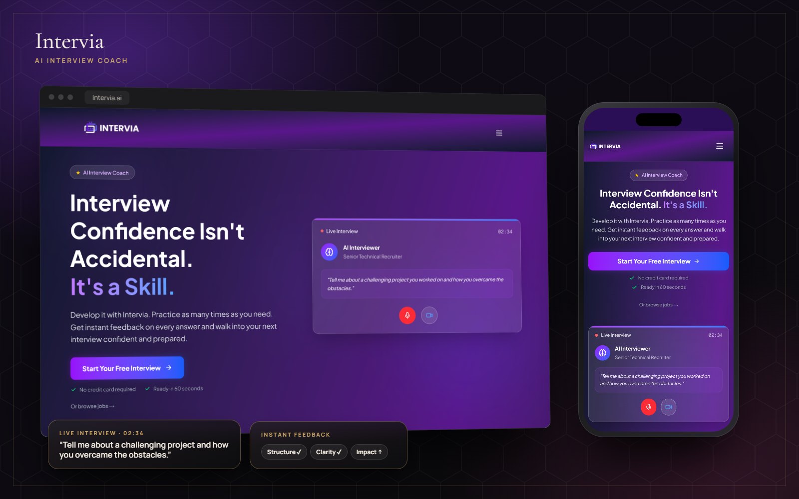 Intervia website on desktop and mobile: interview confidence isn't accidental, it's a skill