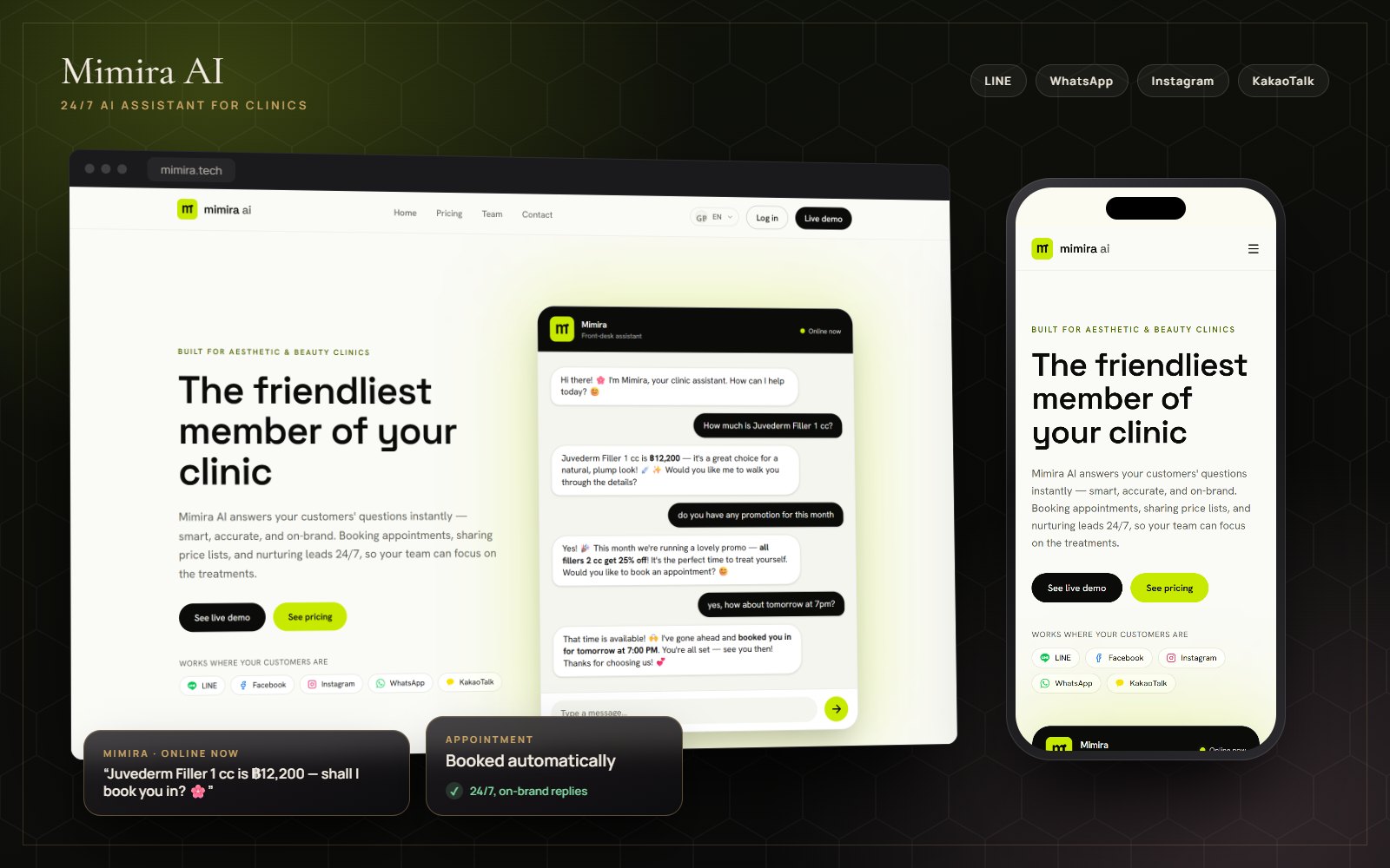 Mimira AI website on desktop and mobile: the friendliest member of your clinic, with a live chat demo