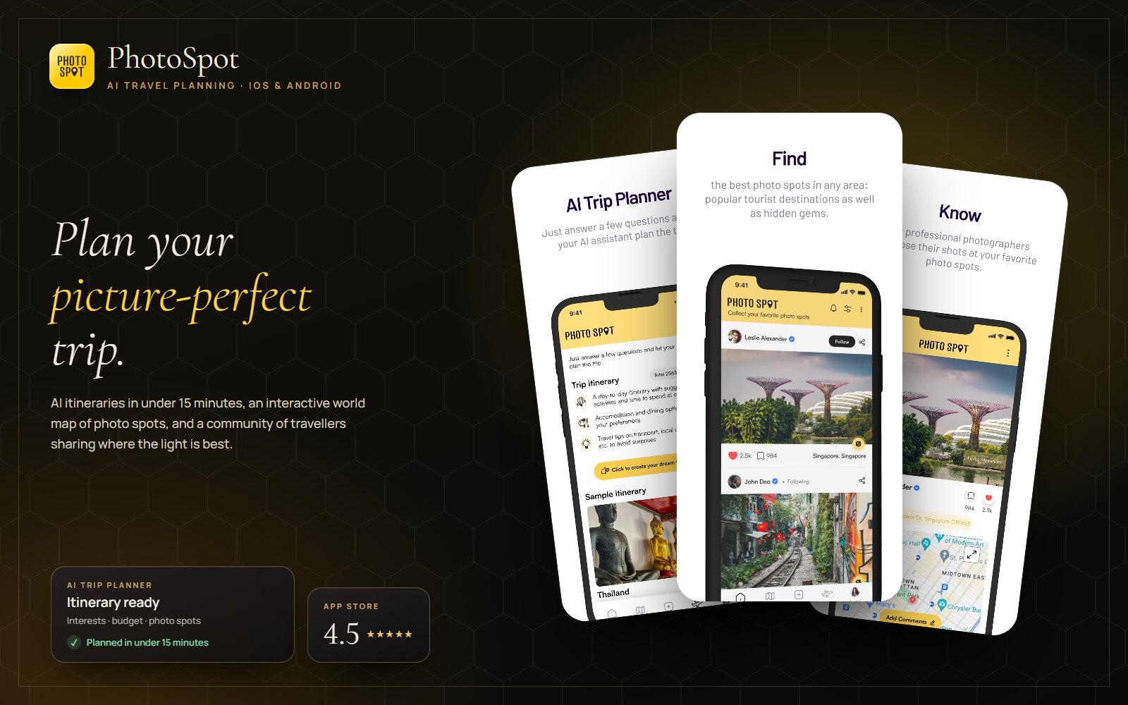 PhotoSpot app: AI trip planner, photo spot discovery and map screens beside the line 'Plan your picture-perfect trip'
