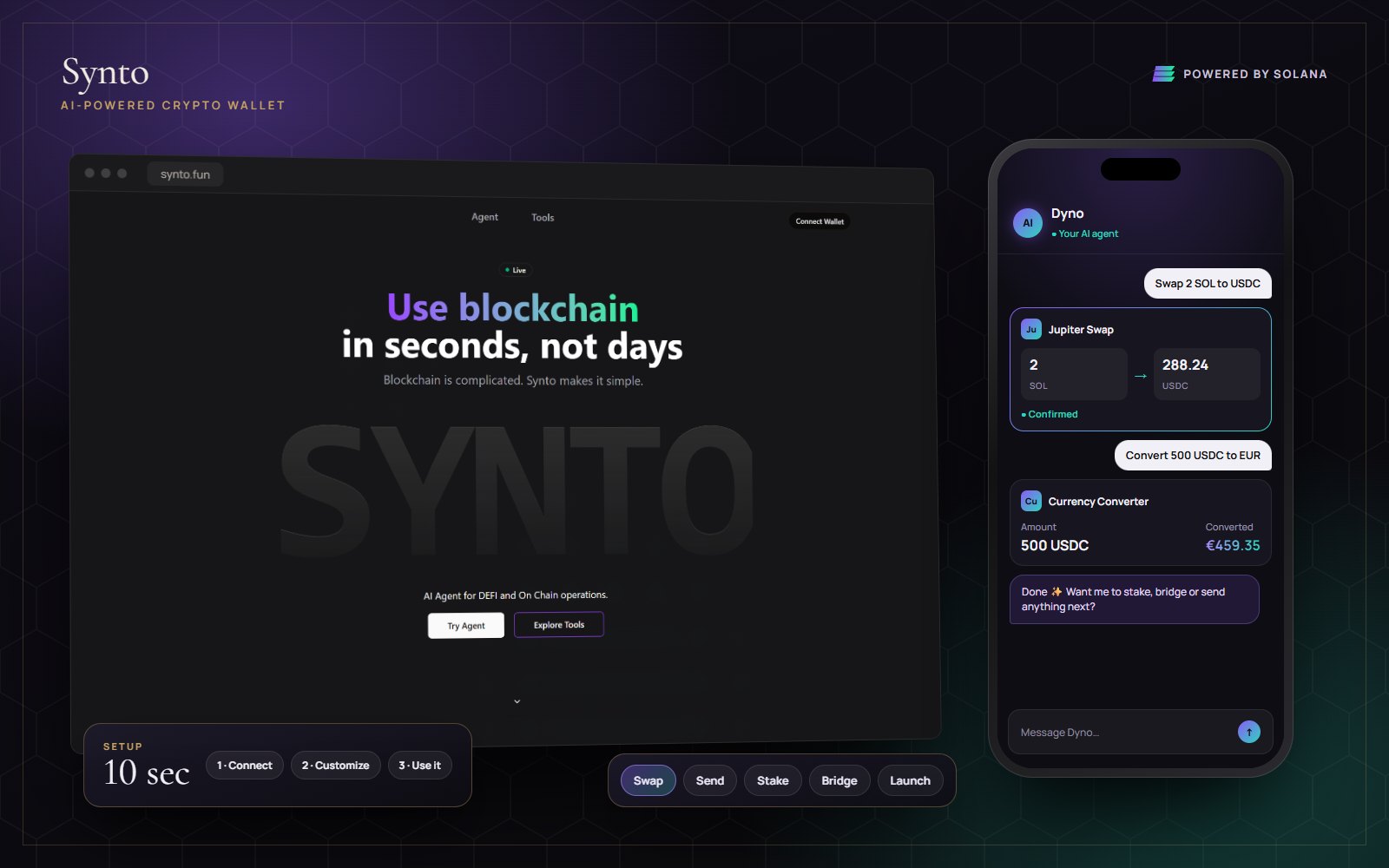Synto website with its AI agent Dyno confirming a Jupiter swap of 2 SOL to USDC